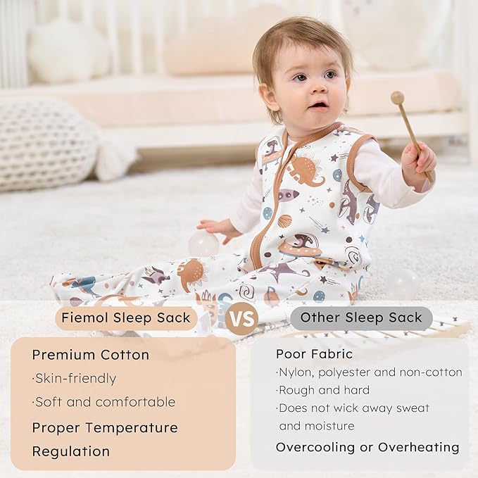 Baby Sleep Sack 18-24 months, 100% Cotton Sleeping Sack for Newborn and Infant, 3 Pack Baby Wearable Blanket for Boy and Girl, 0.5 Tog Lightweight Double Zipper Sleep Bag Coffee Dinosaur Planet
