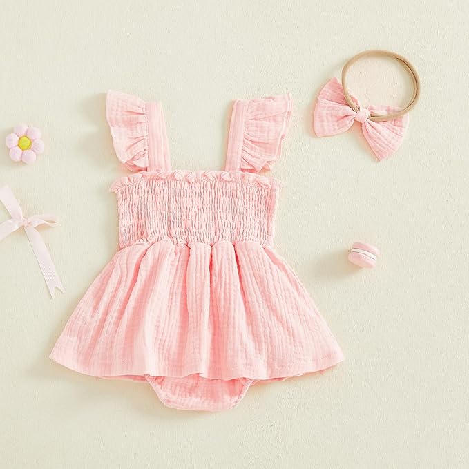 Thorn Tree Baby Girl Summer Clothes Newborn Outfit Ruffle Romper Infant Baby Dress Bow Headband Solid Cute Outfits Girls