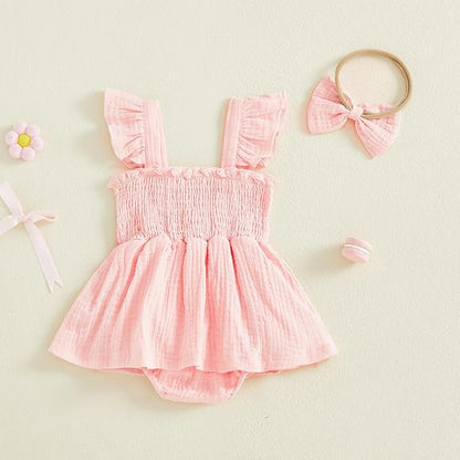 Thorn Tree Baby Girl Summer Clothes Newborn Outfit Ruffle Romper Infant Baby Dress Bow Headband Solid Cute Outfits Girls