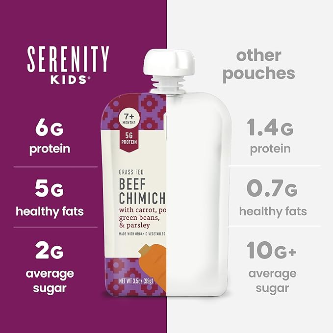 Serenity Kids 7+ Months Baby Food Pouches - Beef Chimichurri 3.5 oz Pack of 12-5g Protein Nutrient-Packed Meat Snacks - BPA-Free Organic Veggie Pouches - On-the-Go Toddler Snacks & Baby Essentials