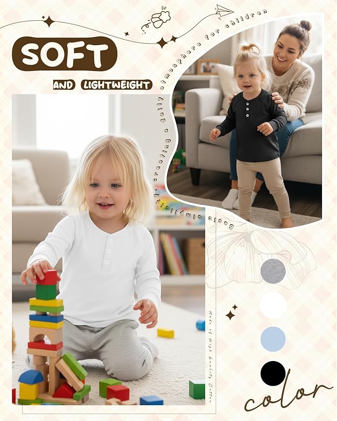 4 Pack Boys' Long Sleeve Shirts Girls' Henley Tees Toddler Baby Knit Casual Tops Kids Fall Clothes Unisex