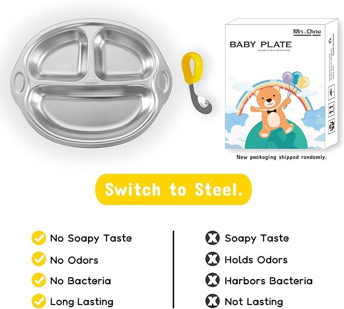 Stainless Steel Baby Suction Plates: Divided Plates for Babies and Toddlers, Made of 100% Food-Grade Materials Ideal for Baby-Led Weaning BPA-Free Toddler Feeding Dishwasher Safe Yellow