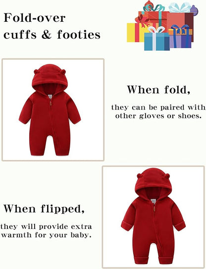Newborn Baby Bear Onesie Winter Snowsuit With Fold-over Mittens & Footies Zip Up Baby Fleece Jumpsuit 0-18M