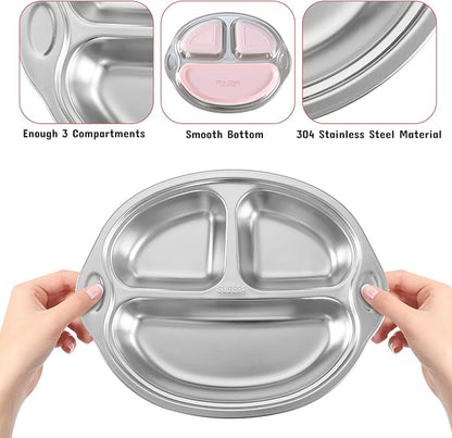 Stainless Steel Baby Suction Plates: Divided Plates for Babies and Toddlers, Made of 100% Food-Grade Materials Ideal for Baby-Led Weaning BPA-Free Toddler Feeding Dishwasher Safe PINK