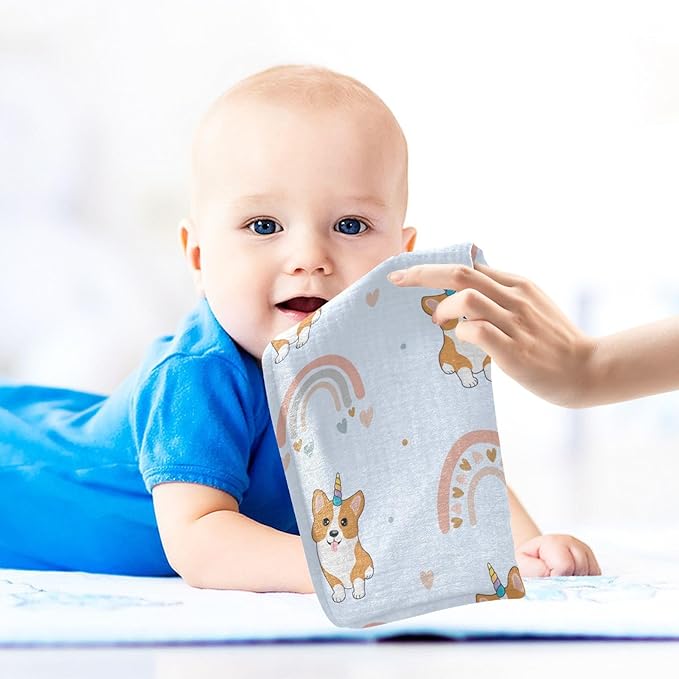 vvfelixl Baby Muslin Washcloths Corgi Hearts Rainbows Baby Burp Cloths Cotton Baby Face Towel for Newborn Infants Boys Girls Soft and Absorbent 11.8 X 11.8 in, 3 Pack