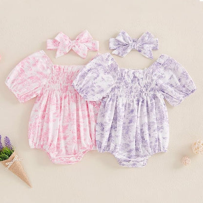 Infant Baby Girls Romper Floral Ruffle Sleeve Pleated Smocked Bubble One Piece Ruched Jumpsuit Summer Bodysuit