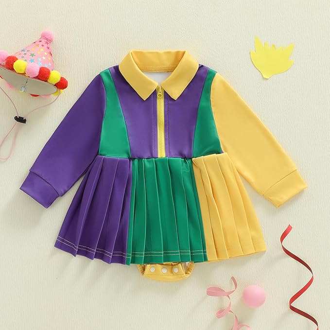 Infant Baby Girl Mardi Gras Outfit Yellow Green Purple Long Sleeve Zipper Romper Dress A-Line Tutu Skirt Bodysuit