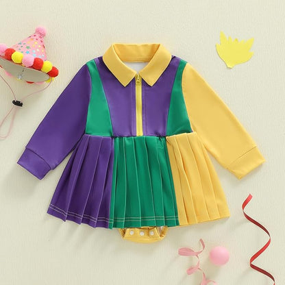 Infant Baby Girl Mardi Gras Outfit Yellow Green Purple Long Sleeve Zipper Romper Dress A-Line Tutu Skirt Bodysuit
