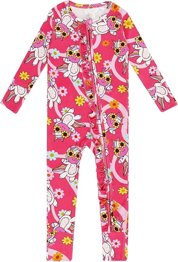 Bamboo Viscose Baby Girl Footless Pajamas Ruffled Baby Sleepers with 2 Way Zipper