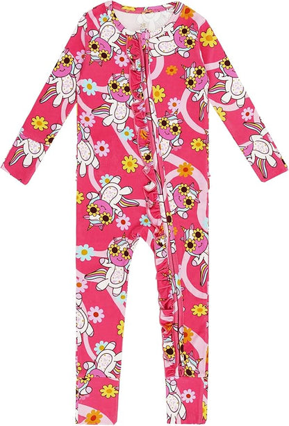 Bamboo Viscose Baby Girl Footless Pajamas Ruffled Baby Sleepers with 2 Way Zipper