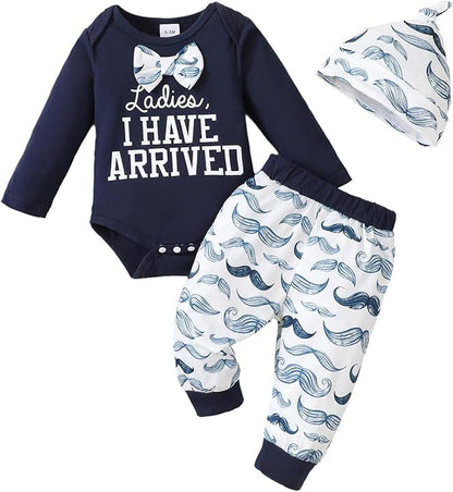 Baby Boy Clothes Infant Newborn Fall Winter Outfits Long Sleeve Letter Print Romper + Hat + Pants Set