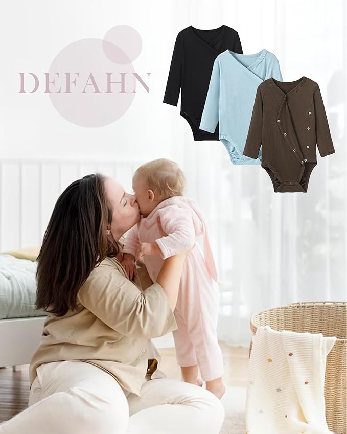 DEFAHN Viscose from Bamboo Baby Side Snap Bodysuit Kimono Onsies 3-Pack Long Short Sleeve Boy Girl Boys