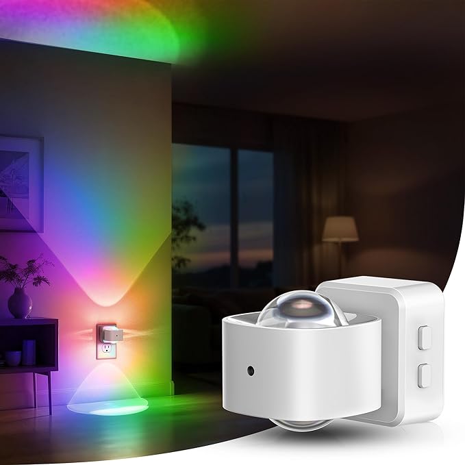 Briignite Night Light Projector, RGB Color Changing Night Light for Kids, 180° Rotating Night Lights Plug into Wall, Dusk to Dawn Sensor, RGB Ambient Lighting for Gaming Room Bathroom Gifts, White