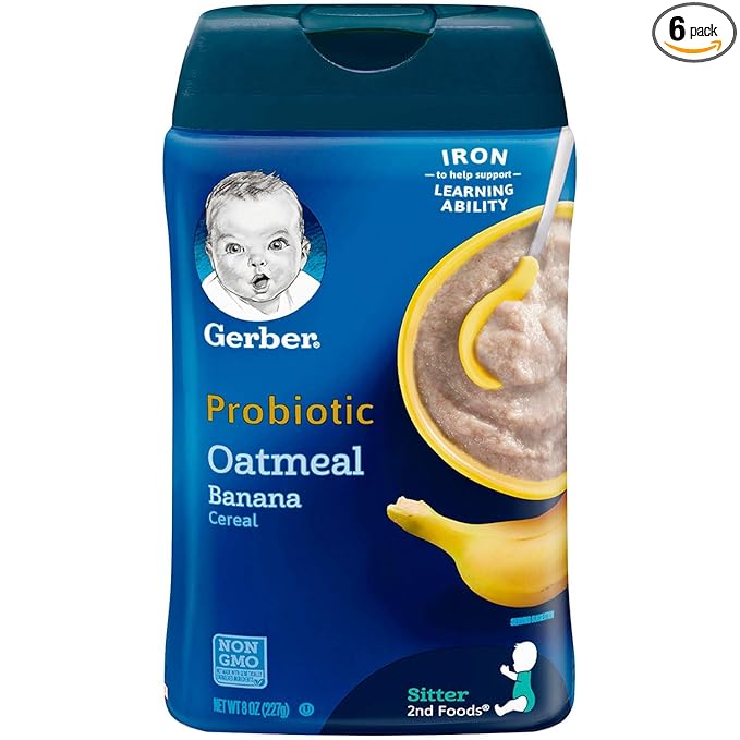 Gerber Stage 2 Baby Food, Oatmeal Banana Cereal, Probiotics Support Healthy Digestion, Baby Oatmeal Cereal, 6-Pack
