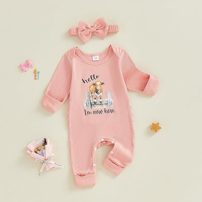 WZTYYDS Newborn Baby Girl Clothes Ribbed Romper Print Long Sleeve Jumpsuits Bow Headband Set Infant One-piece Outfits
