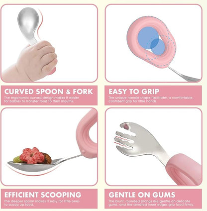 MR. CHOU Baby Suction Bowl Set with Spoon & Fork, Double-Layer 18/8 Stainless Steel Toddler Bowls with BPA Free Airtight Lid, Food Grade Infant Self-Feeding Bowl, First Stage Led Weaning Supplies Pink