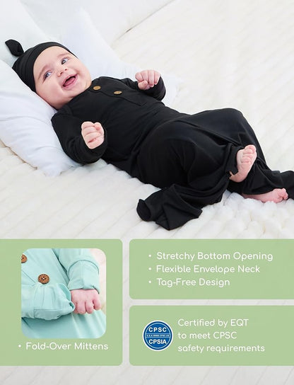 PATPAT Baby Sleeper Gown with Bamboo Viscose for Newborn Girls Boys, Knotted Nightgown with Mittens for Infant Home Coming