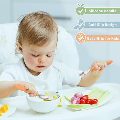 DRKIO 6 Pieces Toddler Utensils Set - Kids Silverware Set with Silicone Handle Children Safe 18/8 Stainless Steel Forks and Spoons Anti-Choke Design Food Grade Dishwasher Safe