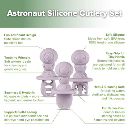 Haakaa Astronaut Beginner Silicone Cutlery Set – Toddler Spoons Self Feeding 6+Months, Baby Led Weaning Supplies, Easy Grip Toddler Utensils, Baby Feeding Essentials