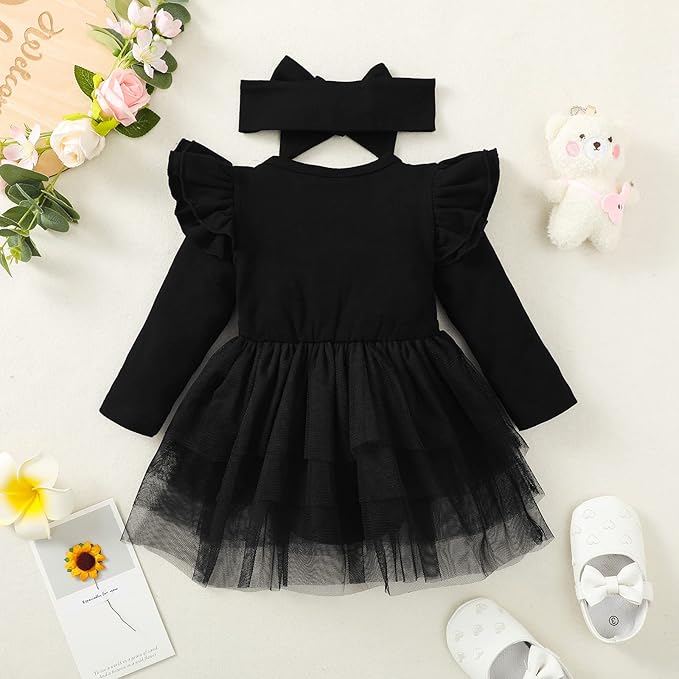 Baby Girl Clothes Infant Ruffle Sleeve Romper Dress Newborn Solid Tutu Skirt Sets Jumpsuit Headband Outfit