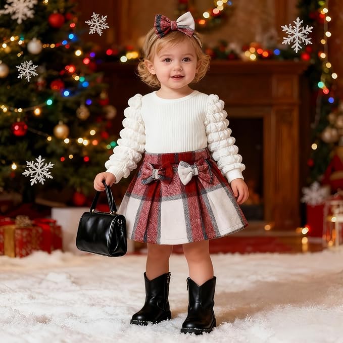 Toddler Baby Girl Plaid Dress Puff Sleeve Bow Patchwork Ribbed Shirts Dress Plaid Fall Winter Outfits with Headband
