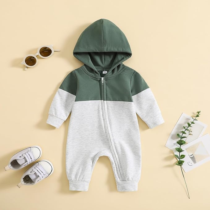 BemeyourBBs Newborn Baby Boy Clothes Color Block Long Sleeve Zipper Hooded Romper with Pocket Fall Winter One Piece Outfits