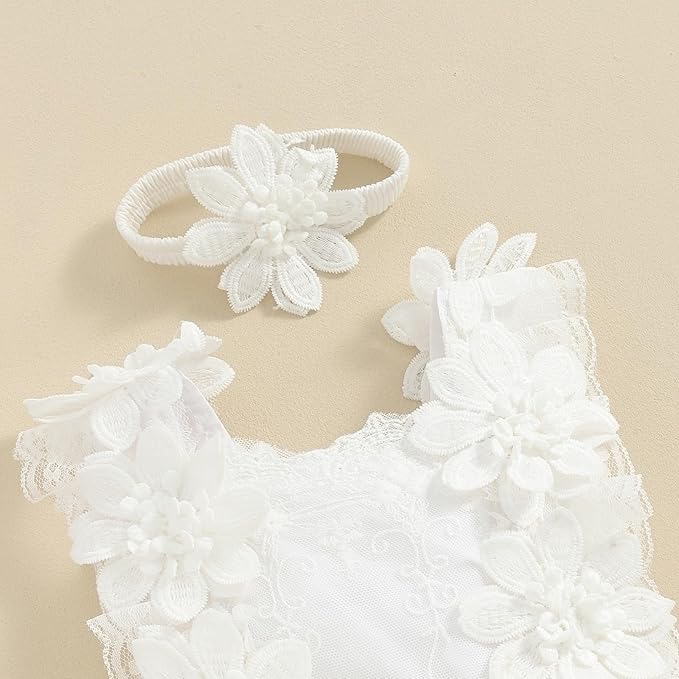 Infant Baby Girl Lace Romper Baby Tulle Dress Romper Flowers Bodysuit Spring Summer Festival Clothes with Headband