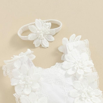 Infant Baby Girl Lace Romper Baby Tulle Dress Romper Flowers Bodysuit Spring Summer Festival Clothes with Headband