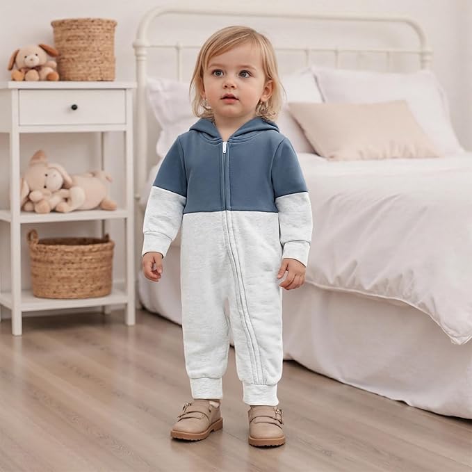 Newborn Baby Boy Fall Outfit Romper Long Sleeve Hooded Contrast Color Zipper Onesie Jumpsuit Bodysuit Infant Clothes