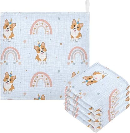 vvfelixl Baby Muslin Washcloths Corgi Hearts Rainbows Baby Burp Cloths Cotton Baby Face Towel for Newborn Infants Boys Girls Soft and Absorbent 11.8 X 11.8 in, 3 Pack