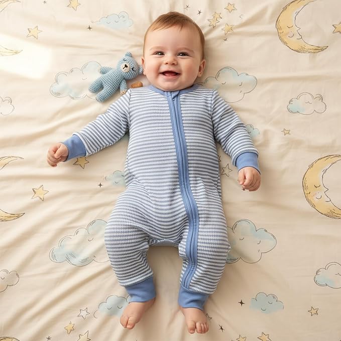 Karuedoo Newborn Infant Baby Boy Clothes Striped Waffle Long Sleeve Zipper Romper Jumpsuit One-Piece Fall Winter Outfit