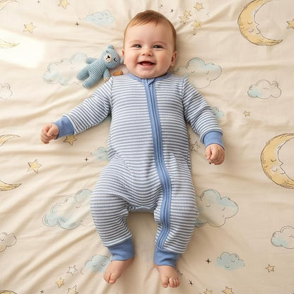 Karuedoo Newborn Infant Baby Boy Clothes Striped Waffle Long Sleeve Zipper Romper Jumpsuit One-Piece Fall Winter Outfit