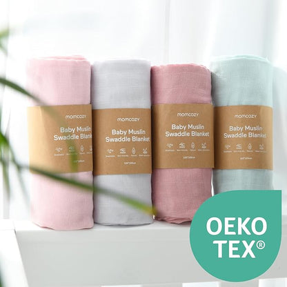 Momcozy Muslin Swaddle Blanket, 4 Pack Large 47 X 47 Inches Breathable Swaddling Receiving Blankets for Baby Boy & Girl, Soft and Skin-Friendly Unisex Baby Blankets, Pink Blue