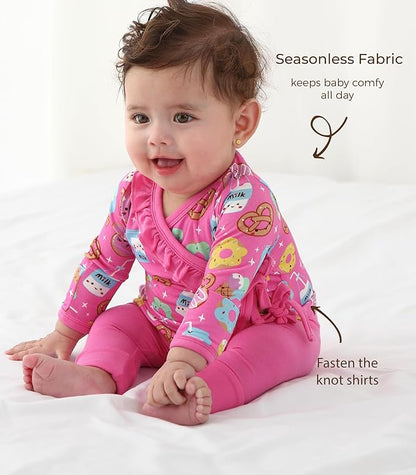 Newborn Baby Girls Clothes-Viscose Made from Bamboo, Long Sleeve Kimono Top and Pants Set Soft Infant Outfits