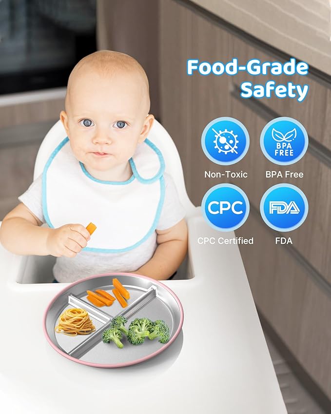 Stainless Steel Kids Plates (2 Pack): 9" Divided Plates with Silicone Suction for Babies, Unbreakable Dinner Dishes for Toddlers, Non Toxic, BPA Free, Anti-Slip, Dishwasher Safe (Pink & Yellow)