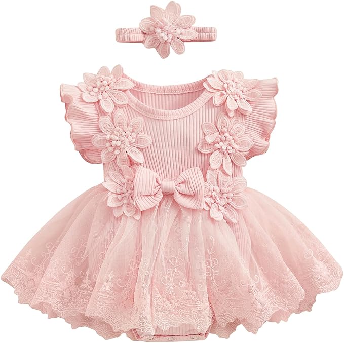 Infant Baby Girl Lace Romper Baby Tulle Dress Romper Flowers Bodysuit Spring Summer Festival Clothes with Headband