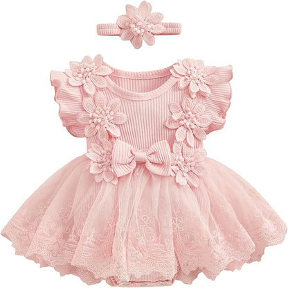 Infant Baby Girl Lace Romper Baby Tulle Dress Romper Flowers Bodysuit Spring Summer Festival Clothes with Headband