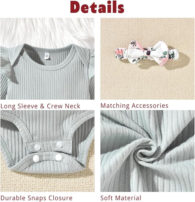 Aalizzwell Preemie Newborn Infant Baby Girls Clothes Ribbed Romper Bodysuit Pants Set Fall Winter Outfits