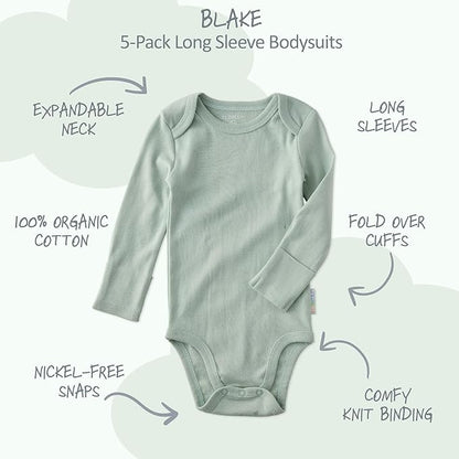Blake 5-Pack Long Sleeve Bodysuits 100% Organic Cotton Baby Boys & Girls