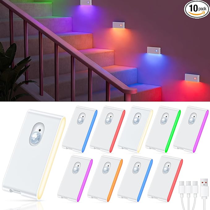 WILLED Motion Sensor Night Light, RGB & Warm White Stair Lights Indoor, Rechargeable Color Changing Night Light, Wireless Motion Sensor Light Indoor for Stair,Hallway,Bathroom,Cabinet,Kitchen,10 Pack