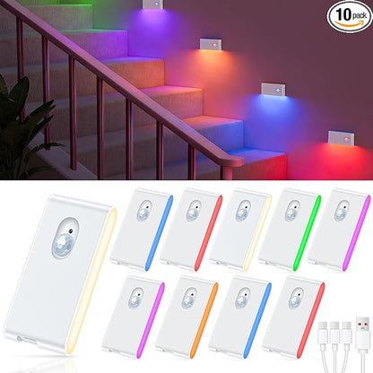 WILLED Motion Sensor Night Light, RGB & Warm White Stair Lights Indoor, Rechargeable Color Changing Night Light, Wireless Motion Sensor Light Indoor for Stair,Hallway,Bathroom,Cabinet,Kitchen,10 Pack