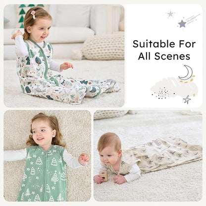 Baby Sleep Sack 6-12 months, 100% Cotton Sleeping Sack for Newborn and Infant, 3 Pack Baby Wearable Blanket for Boy and Girl, 0.5 Tog Lightweight Double Zipper Sleep Bag Green Apricot Bear