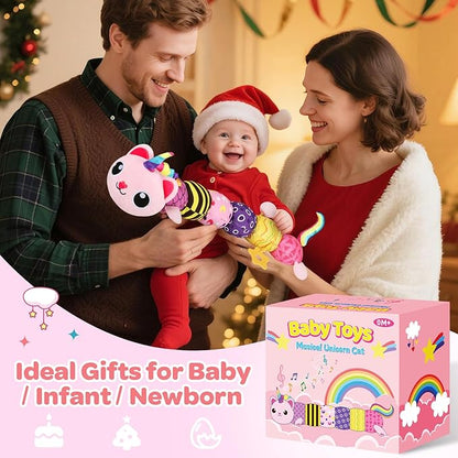 Baby Toys 0-6 6-12 Months, Sensory Musical Animal Stuffed Plush Unicorn Cat Toy for Infant 0-3-6 Months & Up, Tummy Time with Mirror Crinkle Rattle, Christmas Baby Shower Gifts for Newborn Boys Girls