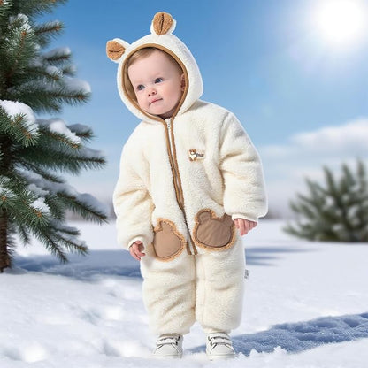 JiAmy Baby Fleece Snowsuit Newborn Hooded Winter Outfits Infant Boys Girls Hooded Zipper Jumpsuit Romper