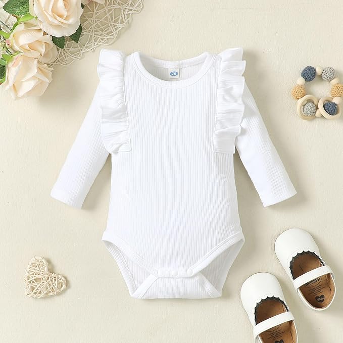 0-24M Infant Ribbed Romper Baby Girls Knit Ruffle Bodysuit Toddler Girl Solid Color Jumpsuit Holiday Shirt Tpos