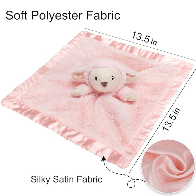 Lamb Security Blanket for Babies, Super Soft Fluffy Snuggle Toy for Newborn Boys and Girls, Stuffed Animal, Pink 13.5 Inch