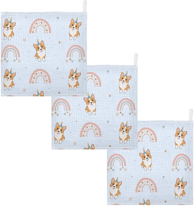 vvfelixl Baby Muslin Washcloths Corgi Hearts Rainbows Baby Burp Cloths Cotton Baby Face Towel for Newborn Infants Boys Girls Soft and Absorbent 11.8 X 11.8 in, 3 Pack