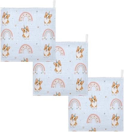 vvfelixl Baby Muslin Washcloths Corgi Hearts Rainbows Baby Burp Cloths Cotton Baby Face Towel for Newborn Infants Boys Girls Soft and Absorbent 11.8 X 11.8 in, 3 Pack