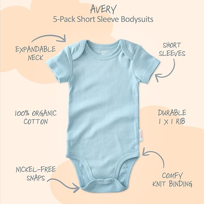 Avery 5-Pack Short Sleeve Bodysuits 100% Organic Cotton for Baby Boys & Girls