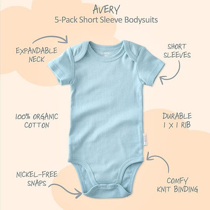 Avery 5-Pack Short Sleeve Bodysuits 100% Organic Cotton for Baby Boys & Girls